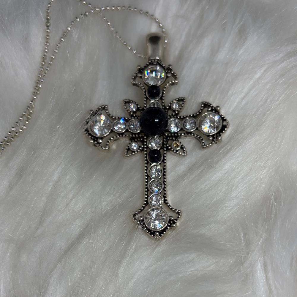 Upcycled Blue Sandstone and Clear Rhinestone Silver Tone Cross